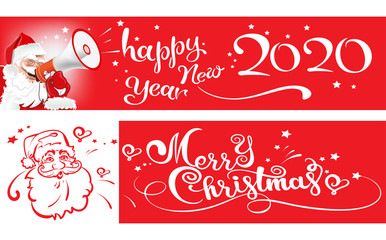 2020 Happy New Year, two greeting cards, banners in cartoon style for Your design. Happy Santa Claus on a red background and holiday lettering for the invitation, Christmas cards, posters. Vector.