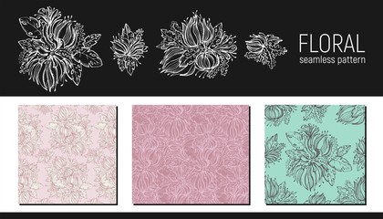 Set of hand drawn floral seamless pattern. Plant texture for fabric, wrapping, wallpaper and paper. Abstraction decorative print