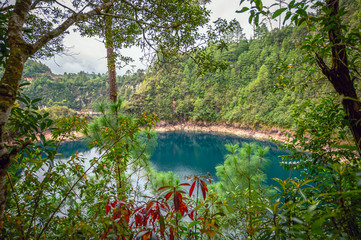 Beautiful landscape of a blue lake called Lagunas de Montebello in Chiapas, Mexico and in the...
