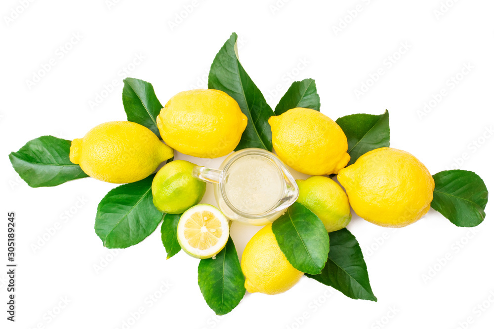 Wall mural top view of natural lemons with lemon juice or lemonade - Wall murals