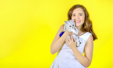 Beautiful girl on a yellow background holds in her arms and hugs a little cute kitten. Place for text