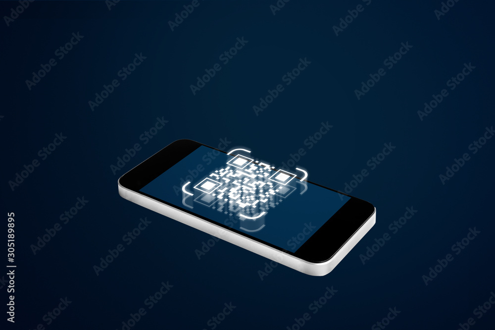 Poster qr code verification system technology. mobile smart phone scanning qr code, on blue background