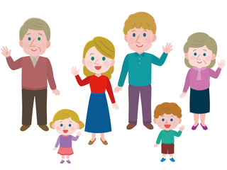 手を振る　白人　三世代家族 イラスト