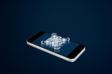 QR code verification system technology. Mobile smart phone scanning QR code, on blue background