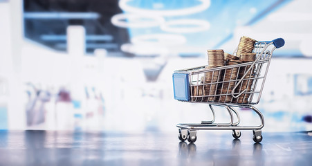 Background shopping trolley. Concept of shopping for groceries and things. Weekend shop.
