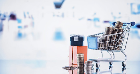 Background shopping trolley. Concept of shopping for groceries and things. Weekend shop.