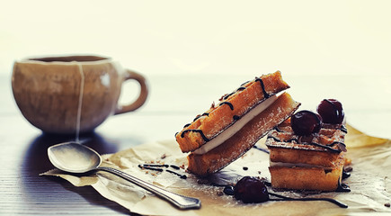 Viennese waffles with filling. Coffee table. A set of fragrant cookies for breakfast for the holiday.