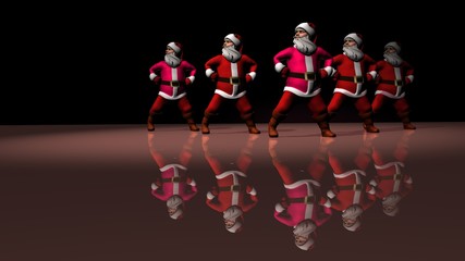 Five cheerful Santa Clauses in a red suit are dancing. 3d rendering