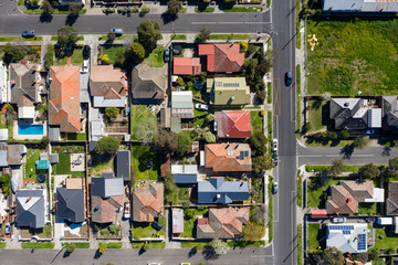 Aerial top down view of houses in the Melbourne suburb of Preston Victoria on a summers day