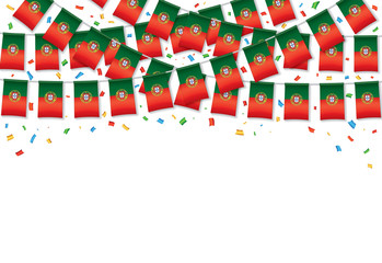 Portugal flags garland white background with confetti, Hang bunting for Portuguese independence Day celebration template banner, Vector illustration