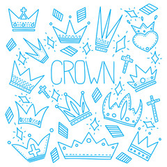 Different crowns vector concept in doodle style. Hand drawn illustration for printing on T-shirts, postcards.