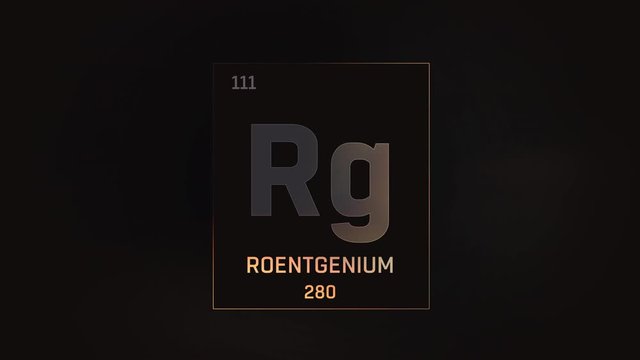 Roentgenium as Element 111 of the Periodic Table. Seamlessly looping 3D animation on grey illuminated atom design background with orbiting electrons. Design shows name, atomic weight and element numbe
