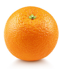 Single ripe whole orange citrus fruit with shadow isolated on white background. Full orange with clipping path. Full depth of field.