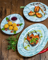 hot snacks: baked zucchini, young fried cheese, baked eggplant with napoli sauce and parmesan