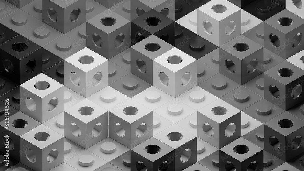 Poster 3d render of abstract background with cubes. simple square shapes with round holes