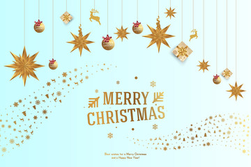 Fototapeta na wymiar Merry Christmas and Happy New Year. Greeting card with inscription and deer, star and gifts, bows and ribbons on a white background. Flat vector illustration EPS10