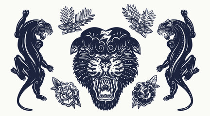 Black panthers. Aggressive wild cats. Old school tattoo set. Traditional tattooing style