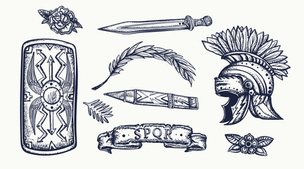 Plakat Ancient Rome. Old school tattoo collection. Spartan helmet, sword and shield. History of Italy. Traditional tattooing style