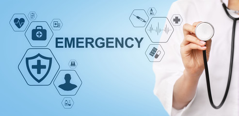 Health Care Emergency concept on screen. Medical doctor using computer.