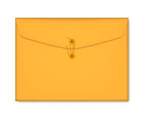 Closed paper envelope file folder with string closure, realistic illustration. Business document cover for projects, reports and other, vector mockup for corporate design