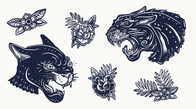Black panthers. Wild cats. Old school tattoo collection. Traditional tattooing style