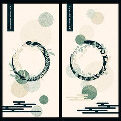 vector set with two pastel color cards in japanese style with floral and circle geometric decoration - 305196013
