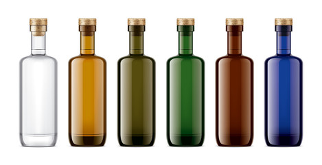 Set of Colored Glass bottles mockup. Cork version