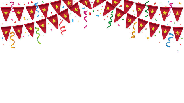 Vietnam flags garland white background with confetti, Hang bunting for Vietnamese independence Day celebration template banner, Vector illustration