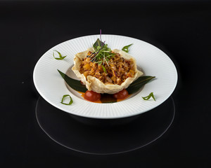 Tori chahan Chicken fillet, rice, carrots, onions, sweet peppers, Japanese omelettes, soy sauce, sesame seeds, garlic, green onions, cherry