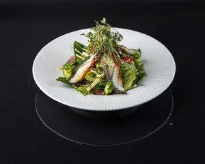 Salad Unagi Phil sarada Romano salad, eel, cucumbers, cherry, cream cheese, soy sauce, sesame oil, tobiko caviar