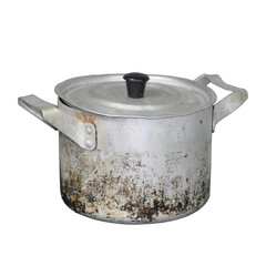 Old dirty aluminum pan. Kitchen problems. Isolate on white background