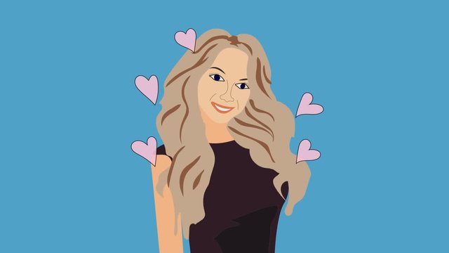video animation GIF with a winking girl on a blue background and pink hearts for Valentine's day
