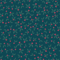 Winter seamless vector pattern with holly berries in ditsy style. Christmas backgrounds collection. Digital hand drawn of winter elements in the soft, whimsical and modern surface design.