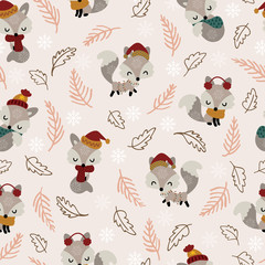 Seamless pattern of cute little foxes with dry twigs and leaf. Beautiful winter Christmas collection. Winter Xmas woodland holidays. Modern and simple with warm colour vector illustration.