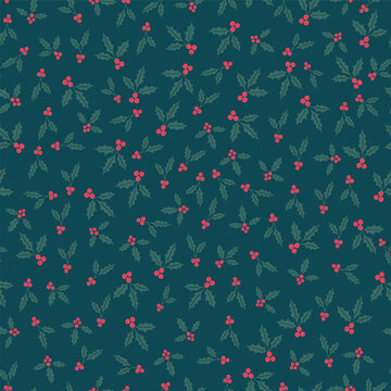 Winter seamless vector pattern with holly berries in ditsy style. Christmas backgrounds collection. Digital hand drawn of winter elements in the soft, whimsical and modern surface design.