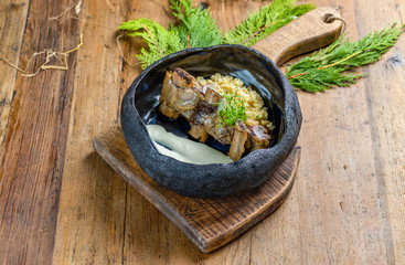 Stewed beef rib with bulgur and creamy horseradish sauce