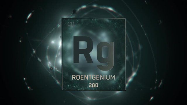 Roentgenium as Element 111 of the Periodic Table. Seamlessly looping 3D animation on green illuminated atom design background with orbiting electrons. Design shows name, atomic weight and element numb