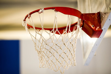 Shallow depth of field (selective focus) image with a basketball basket and slam jam rim.