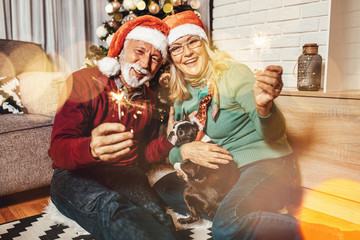 Happy and funny senior couple holding sparklers and celebrating New Year together with their adorable Boston terrier dog.