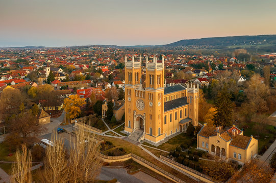 Exterior of the catholic church - designed by Ybl Miklos, is one of the most impressive cathedral in rural Hungary.  Immaculate Virgin statue