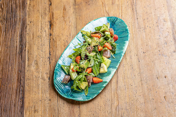 roast beef salad with baked vegetables and feta cheese