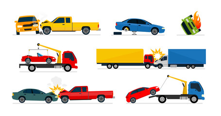 Big set of different situations for the road accidents . Car crash isolated on white background. Colorful vector illustration set.