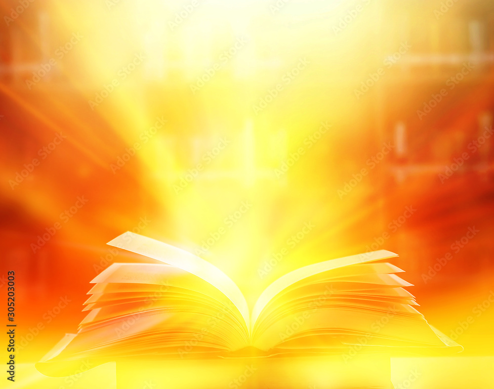 Poster imagine a picture book of an ancient book opened on a wooden table with a sparkling golden backgroun