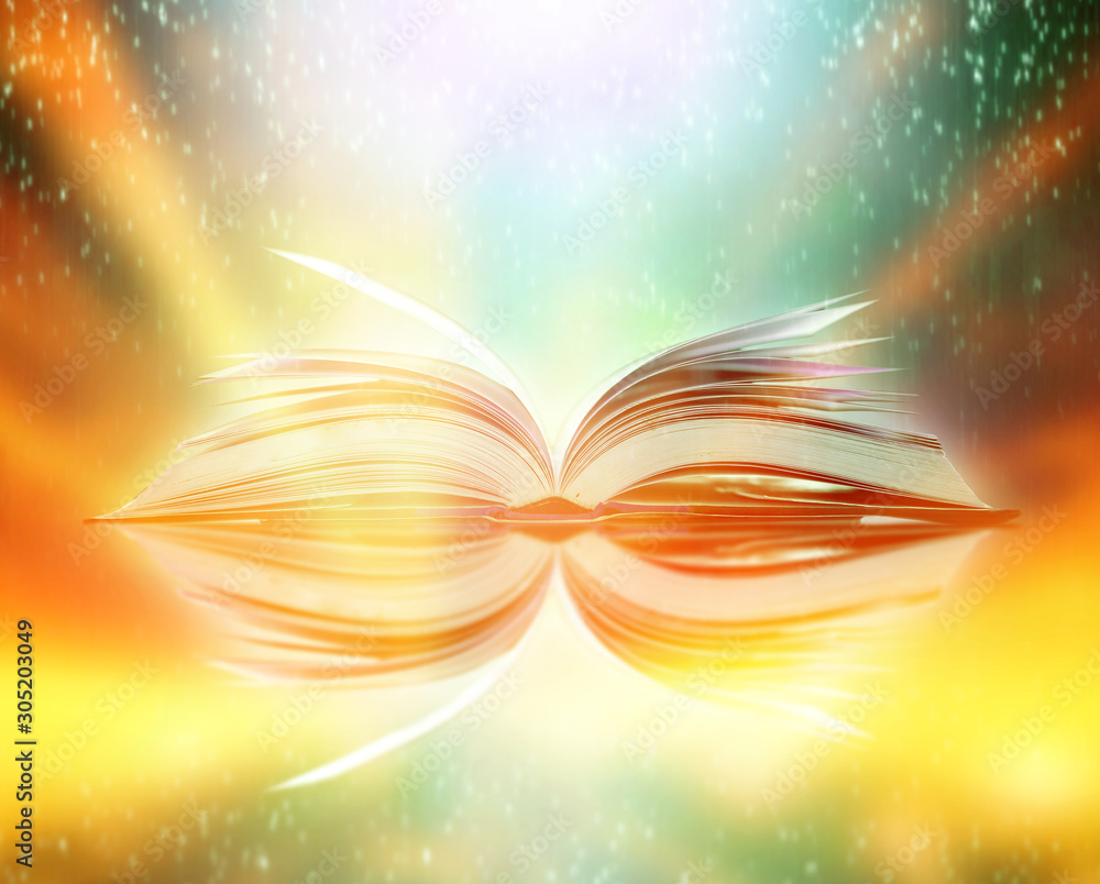 Poster imagine a picture book of an ancient book opened on a wooden table with a sparkling golden backgroun