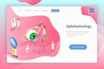 Isometric flat vector landing page template of ophthalmology, eyesight check up, eyes health care, ophthalmological examination.