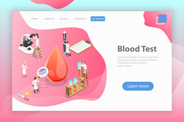 Isometric flat vector landing page template of blood test procedure, hospital hematology laboratory, complete blood count.