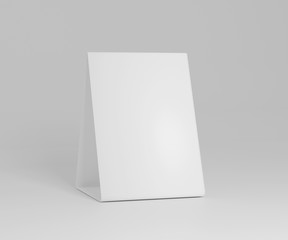 Close up white blank paper table card 3d illustration isolated on white background with clipping path,Mockup table tent blank, Stand for booklets with white sheets of paper.
