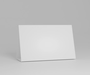 Close up horizontal elongate white blank paper table card 3d illustration isolated on white background with clipping path,Mockup table tent blank, Stand for booklets with white sheets of paper.