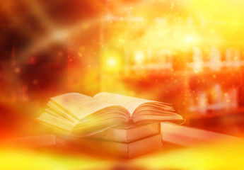 Imagine a picture book of an ancient book opened on a wooden table with a sparkling golden...