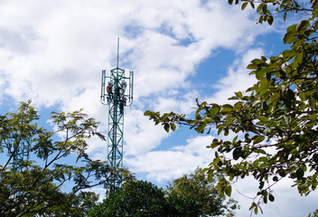 Engineer repairing cables on telegraphic pole